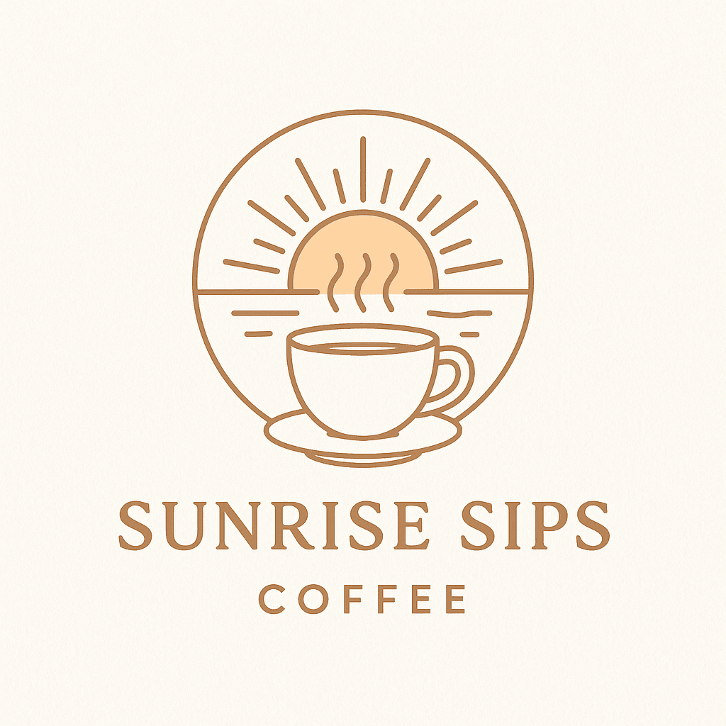 Sunrise with a steaming coffee cup and the text 'Sunrise Sips Coffee' below, on a light background.