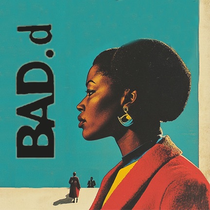 Profile of a woman with natural hair, wearing earrings and a colorful jacket, against a blue background with text.