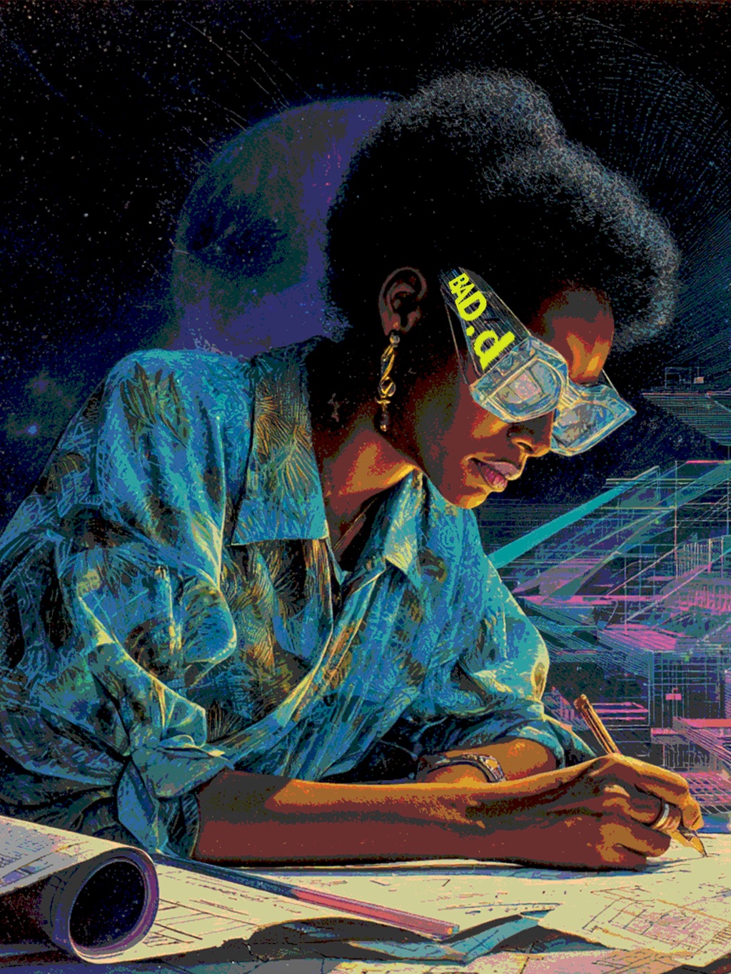 Woman with large glasses writing at a desk, space-themed background with planets and neon grid lines.