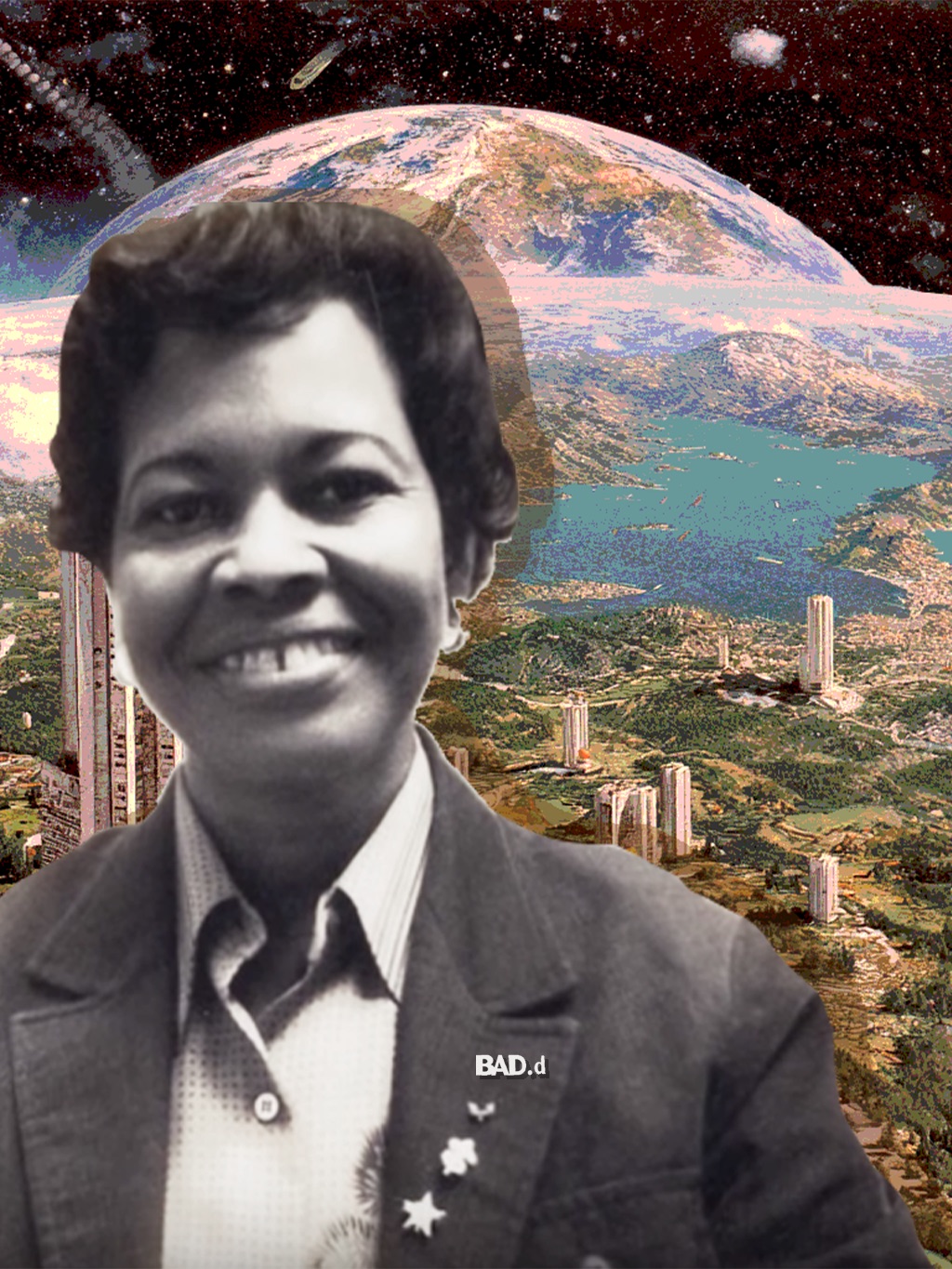 Black and white woman smiling, cityscape and Earth in background, wearing a blazer with badges and stars.