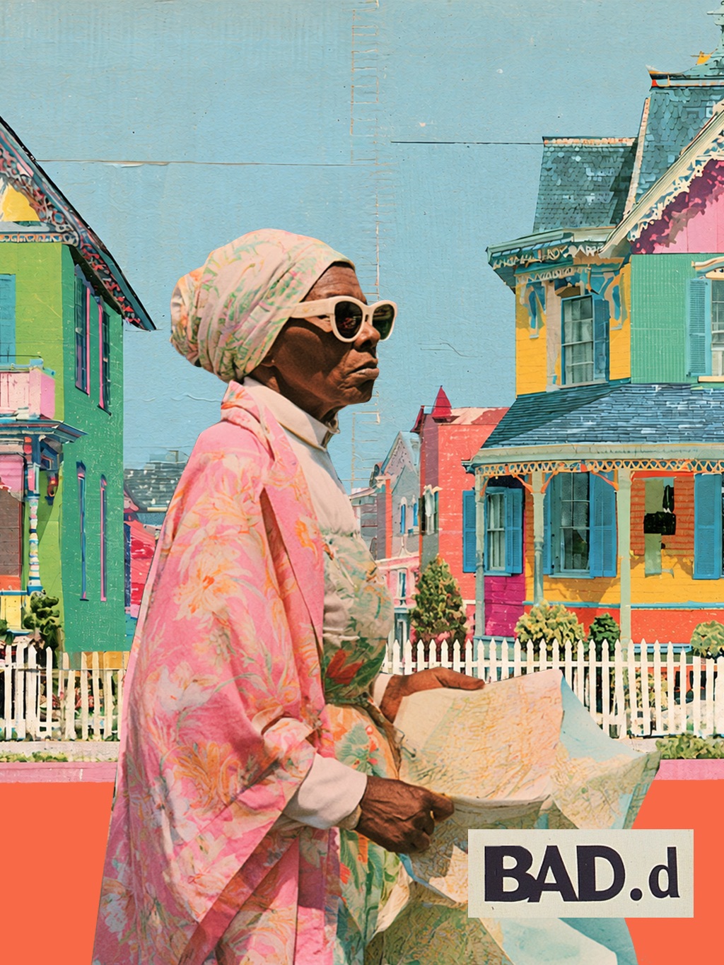 Elderly woman wearing sunglasses, a headscarf, and a pink coat holding a paper, standing in front of colorful houses.