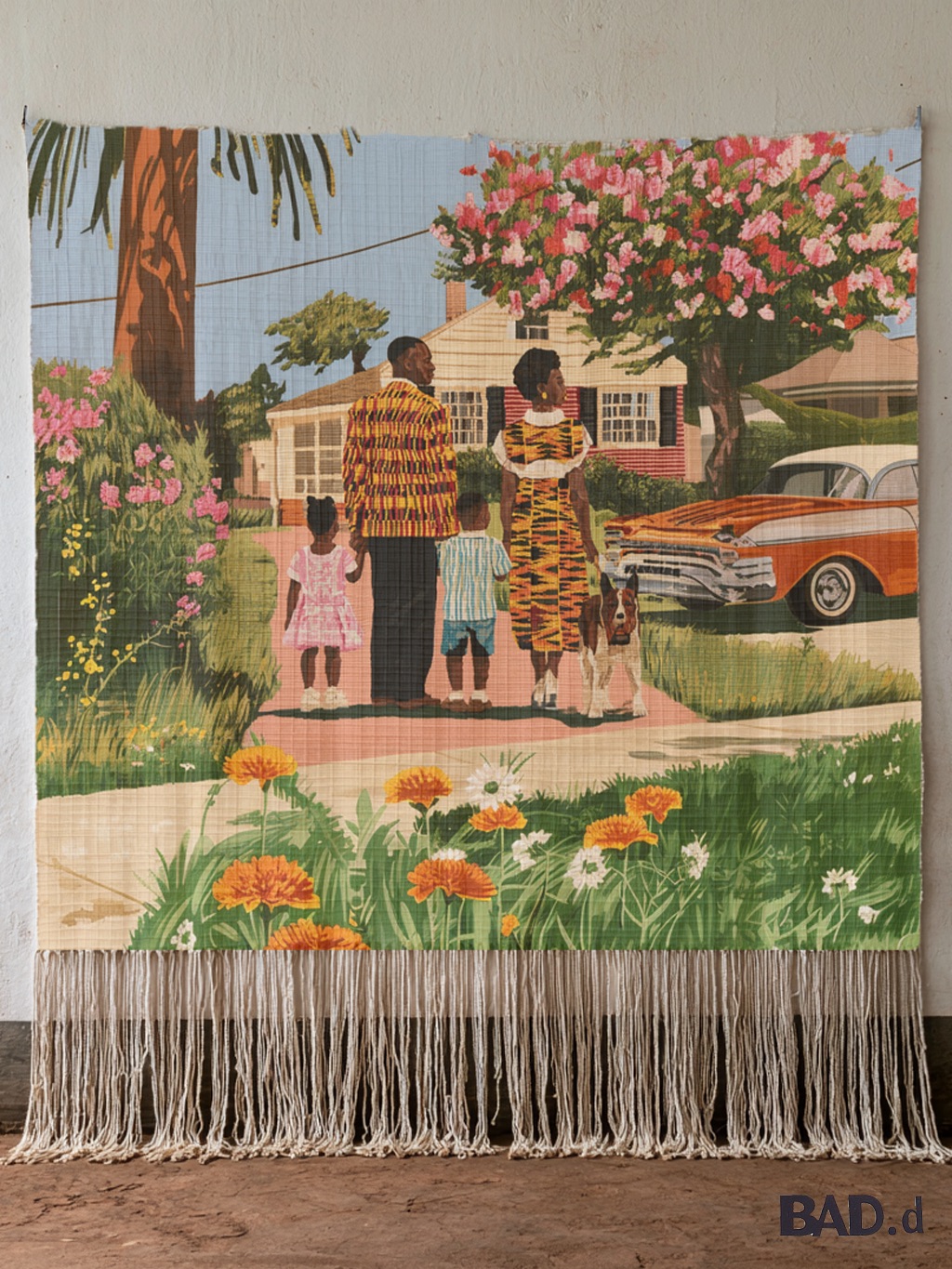 Family of five walking on sidewalk near a pink flowering tree and vintage car, with houses in background.