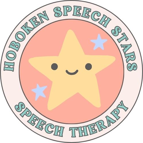 A smiling star with two smaller stars, surrounded by text about speech therapy and speech stars.