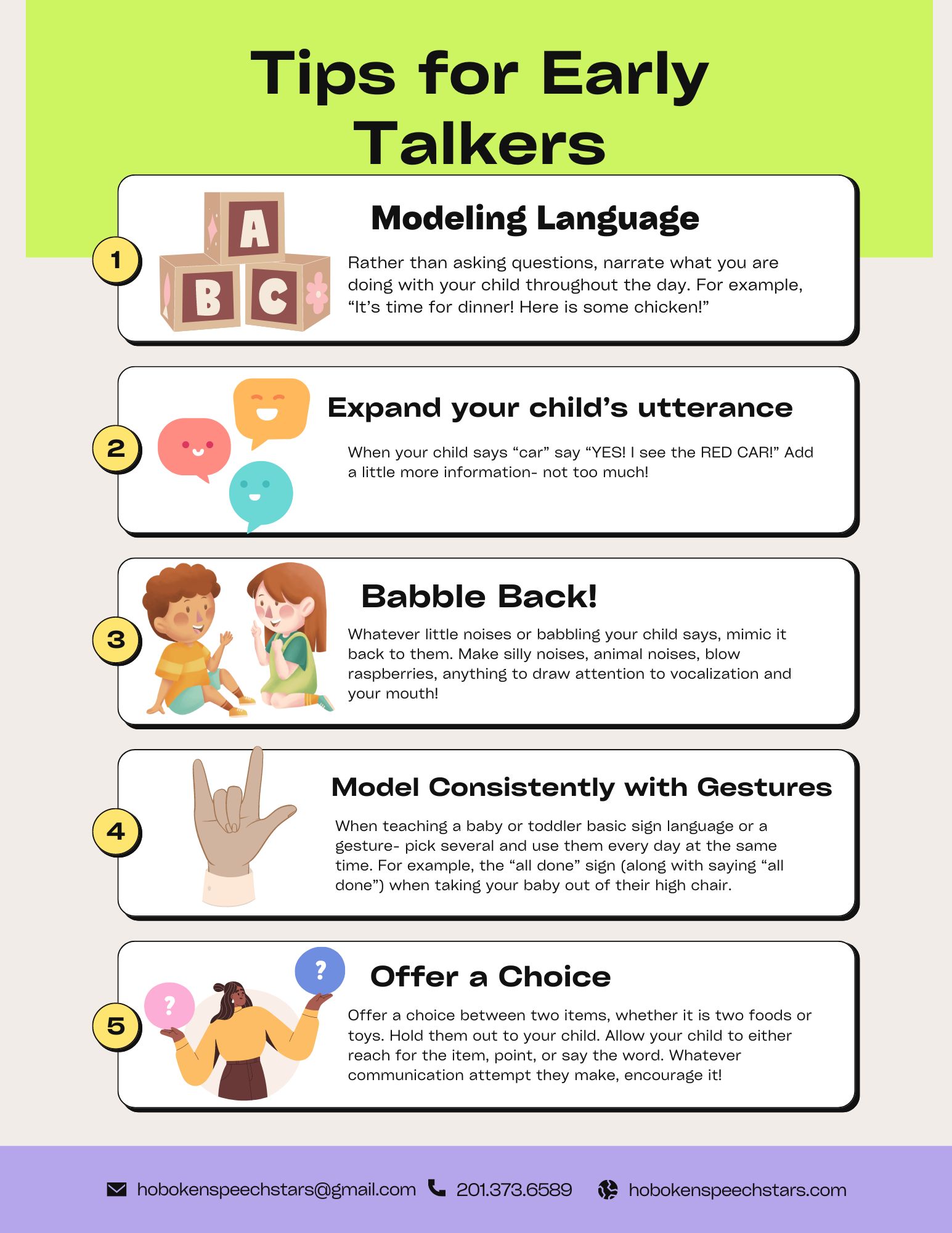 Tips for early talkers with five sections: modeling language, expanding speech, babble back, consistent gestures, offering choices, on a green background.