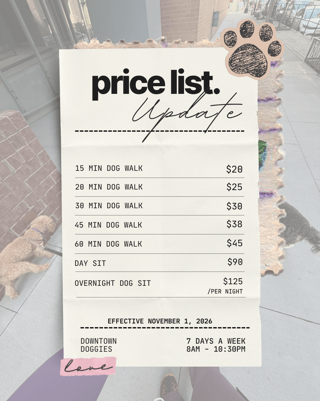 Price list for dog walking and sitting services, including prices and schedule details, with a paw print decoration in the background.