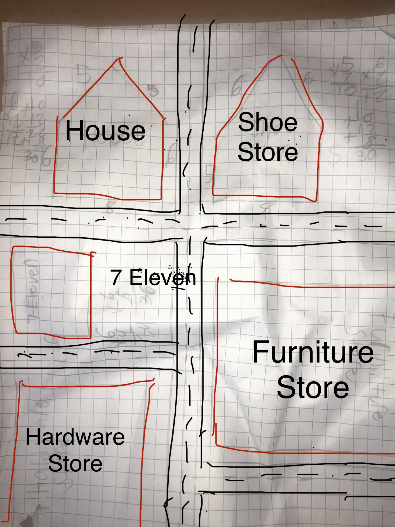 Hand-drawn neighborhood map labeled House, Shoe Store, 7 Eleven, Furniture Store, and Hardware Store.