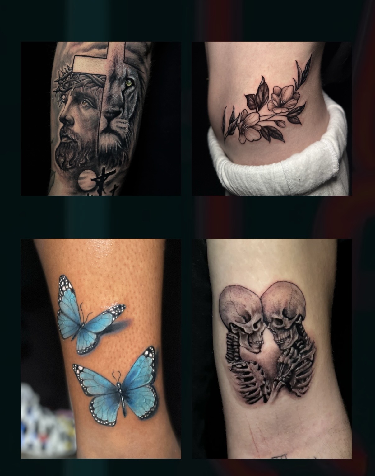 Four tattoos: a face with a crown, a floral design, two blue butterflies, and two skulls with a heart shape.