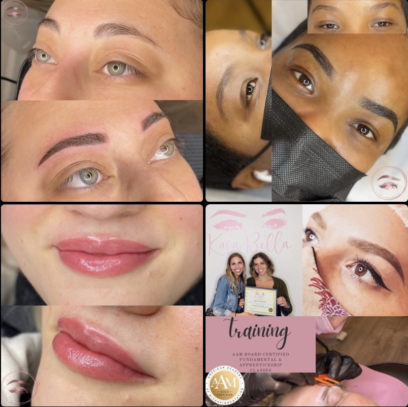 Close-up of eyes, eyebrows, lips, and a training certificate with two women, a makeup brush, and a face mask, all related to beauty training.