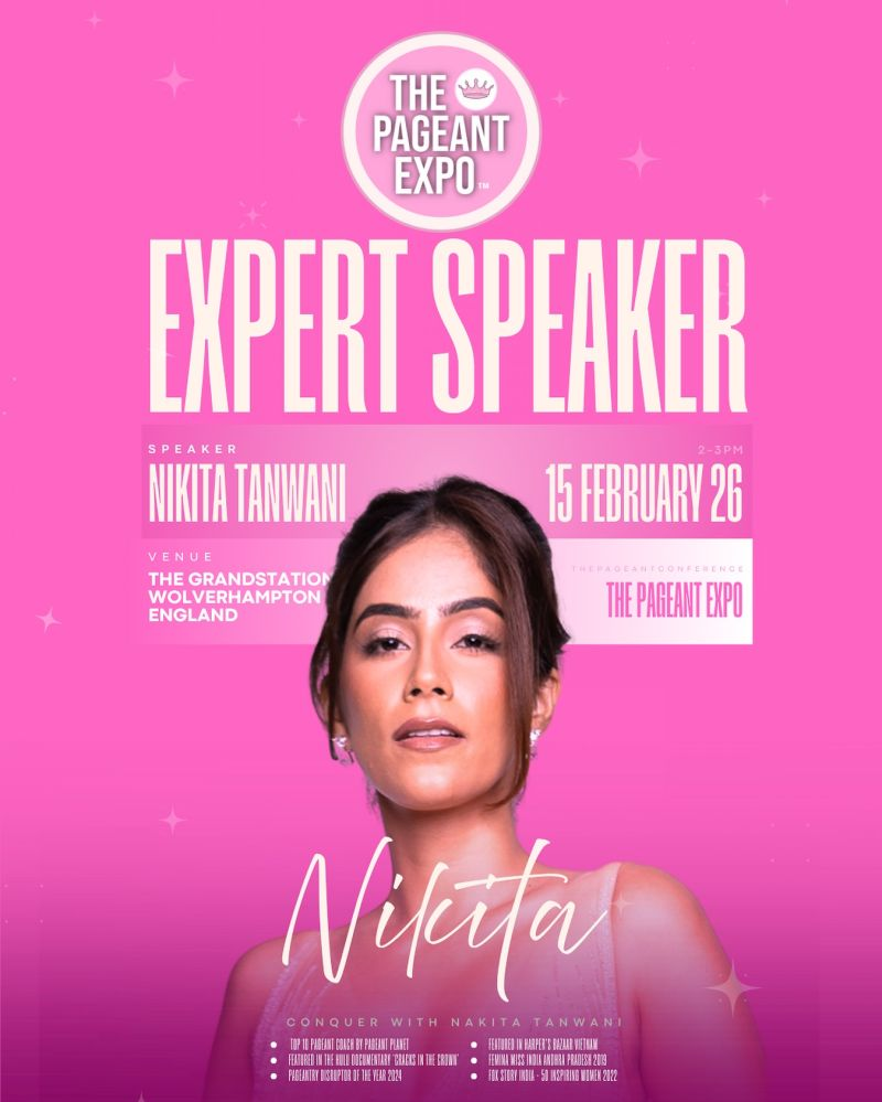 Pink background with event details and a woman with dark hair and makeup, promoting a speaker event.