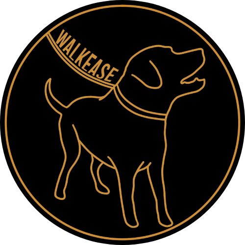 A line drawing of a dog inside a circle with the word 'WALKEASE' on a banner above the dog, on a black background.