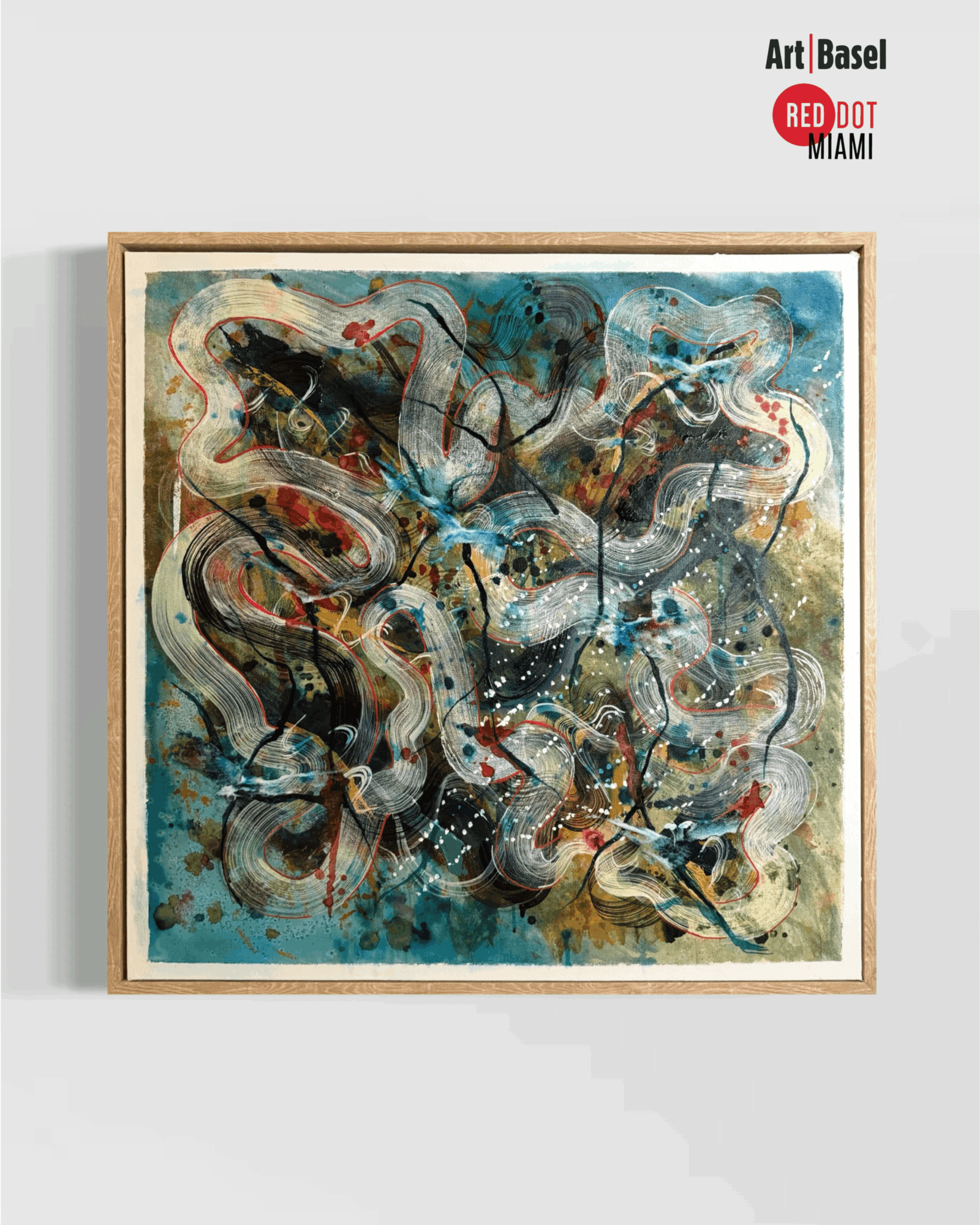 Abstract painting with swirling lines and splashes of color, framed on a white wall, with logos in the top right corner.