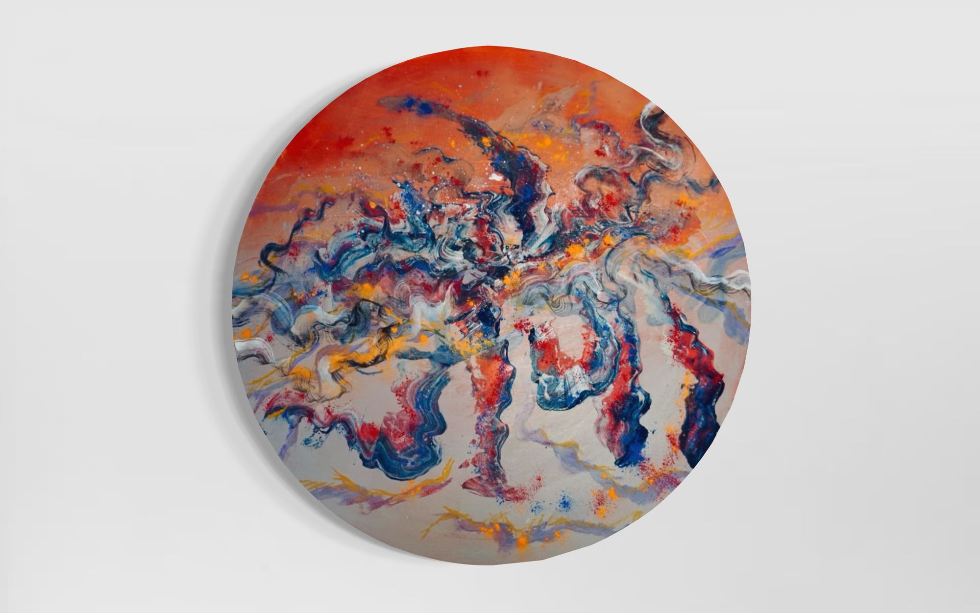 Abstract circular artwork with orange, blue, and white swirling patterns.