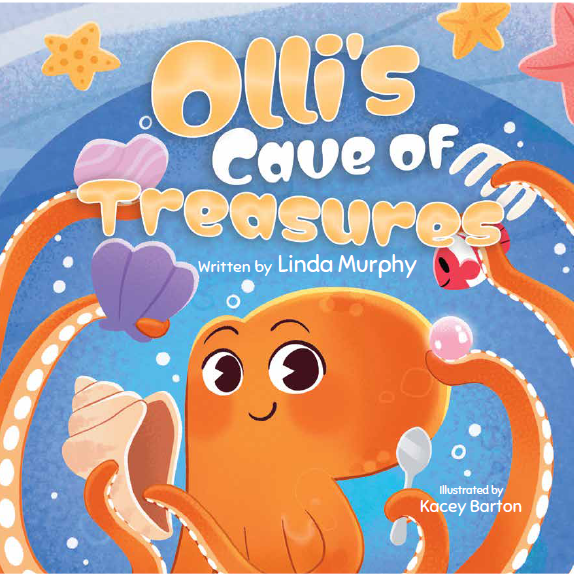 Book cover titled 'Ollie's Cave of Treasures' featuring an orange octopus with big eyes, surrounded by sea creatures and shells.