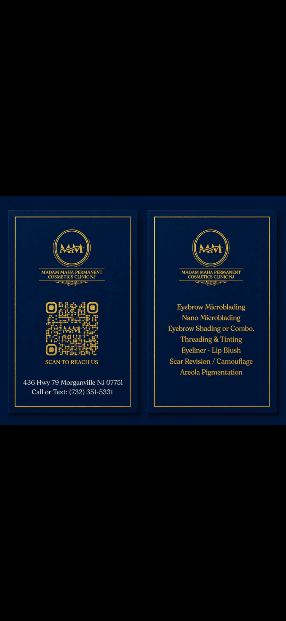 Two dark blue cards with gold text and QR codes, displaying contact information and services offered.