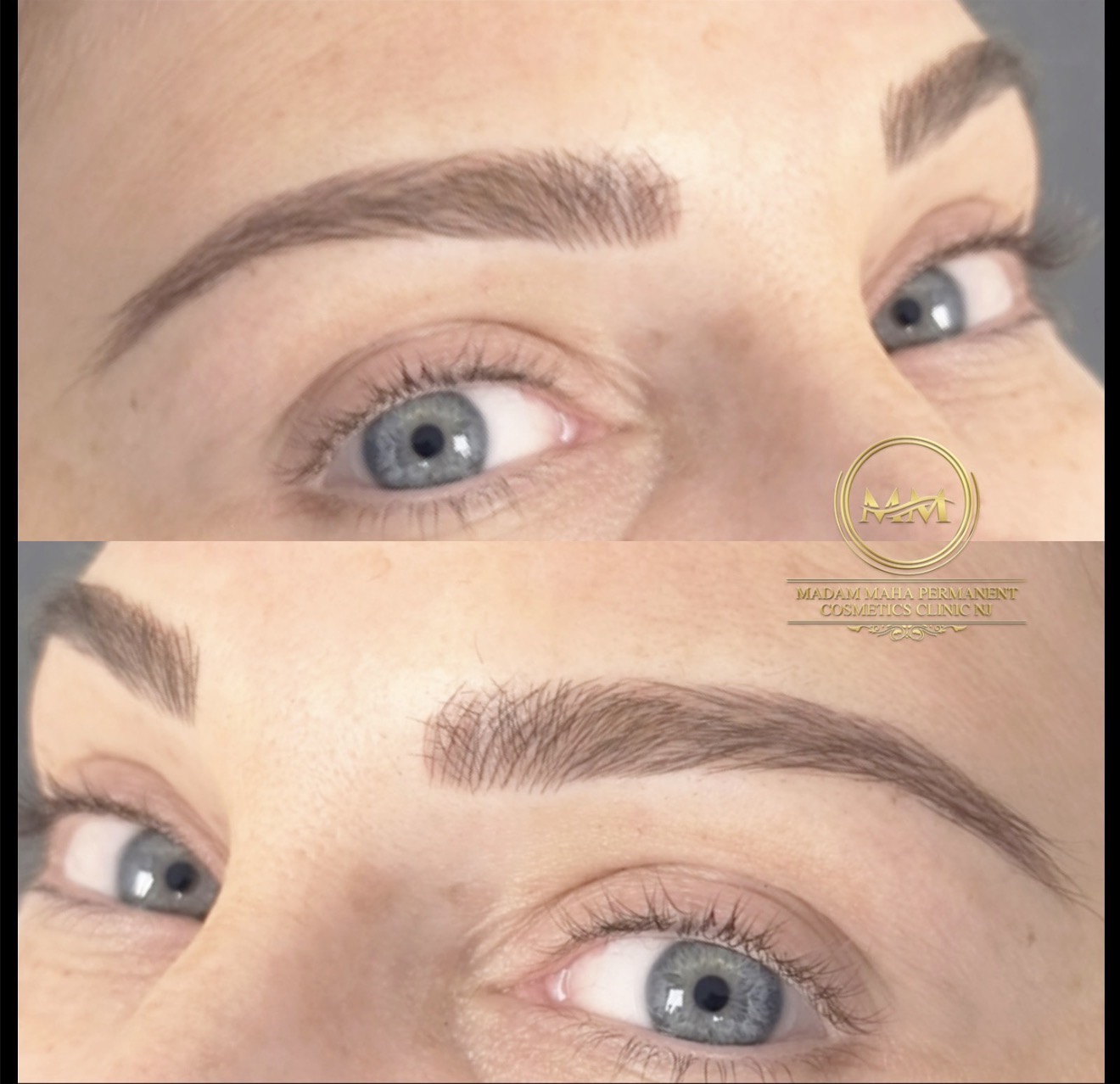 Close-up of a person's eyes and eyebrows, showing before and after eyebrow enhancement, with natural skin tone and blue eyes.