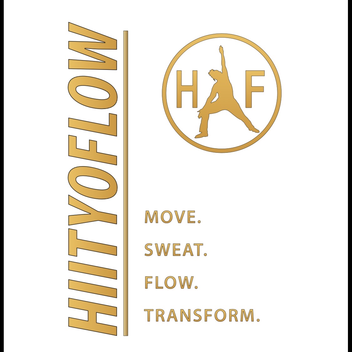 Logo with a person in a yoga pose inside a circle, and text: HITTYOFLOW, MOVE, SWEAT, FLOW, TRANSFORM.