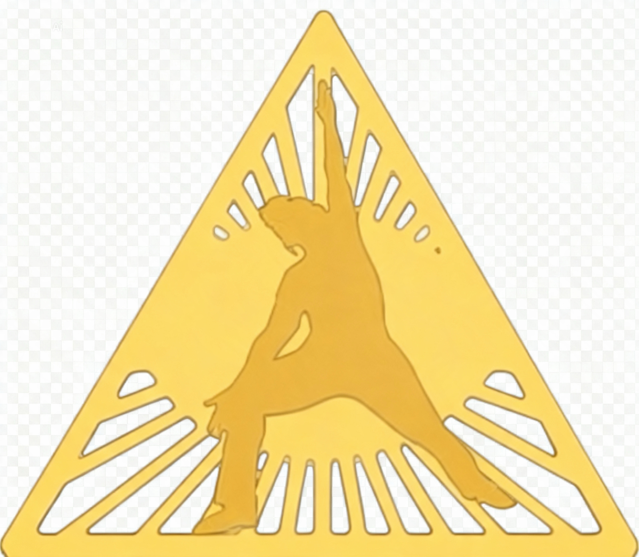 A yellow triangular warning sign with a dog silhouette and radiating lines, indicating caution or alertness.