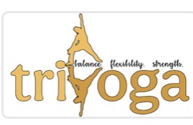 Logo with the word 'triyoga' and a person in a yoga pose, with words 'balance,' 'flexibility,' and 'strength' nearby.