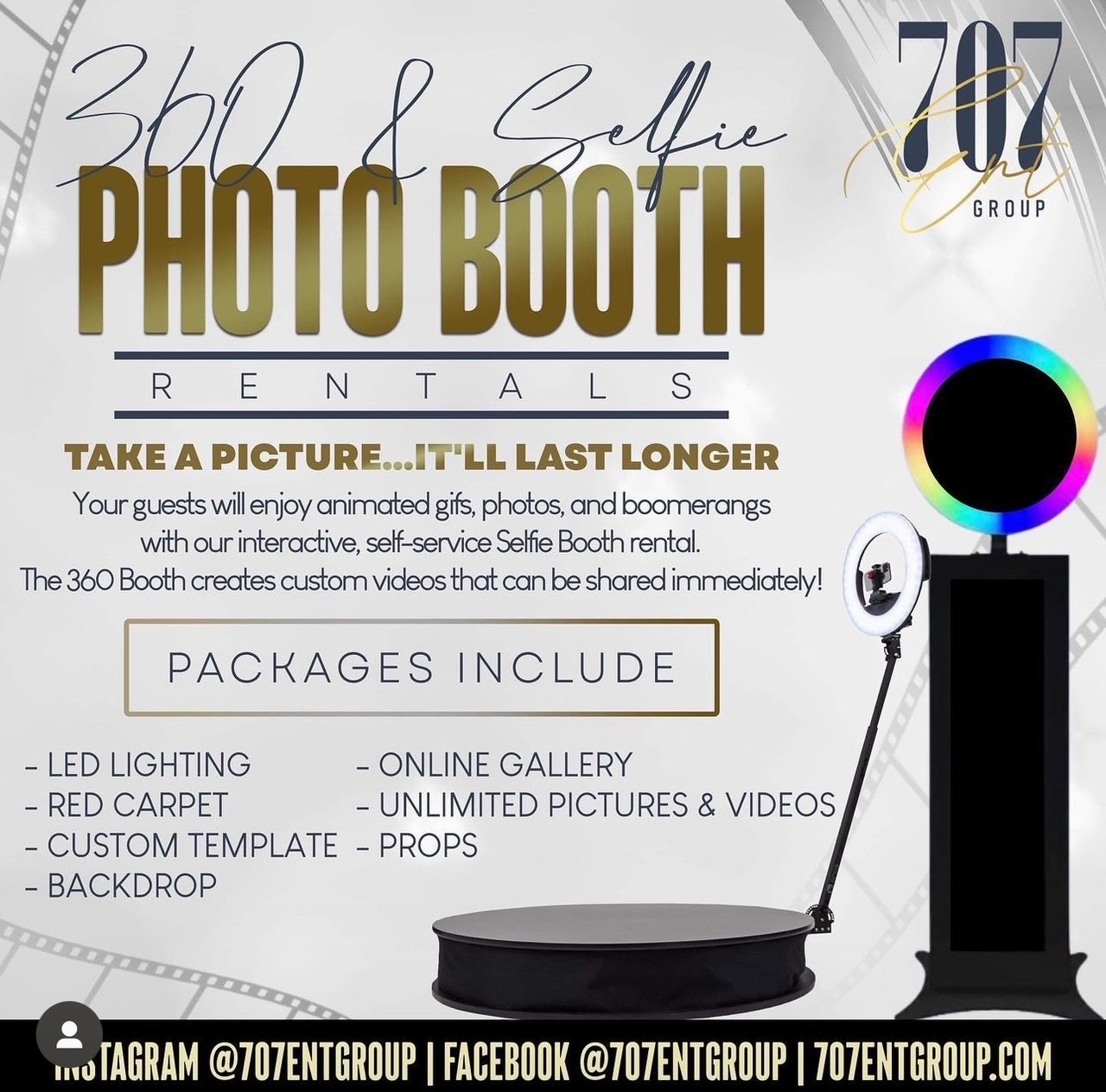 Advertisement for 360 & Selfie Photo Booth Rentals, offering packages with lighting, gallery, props, and videos.