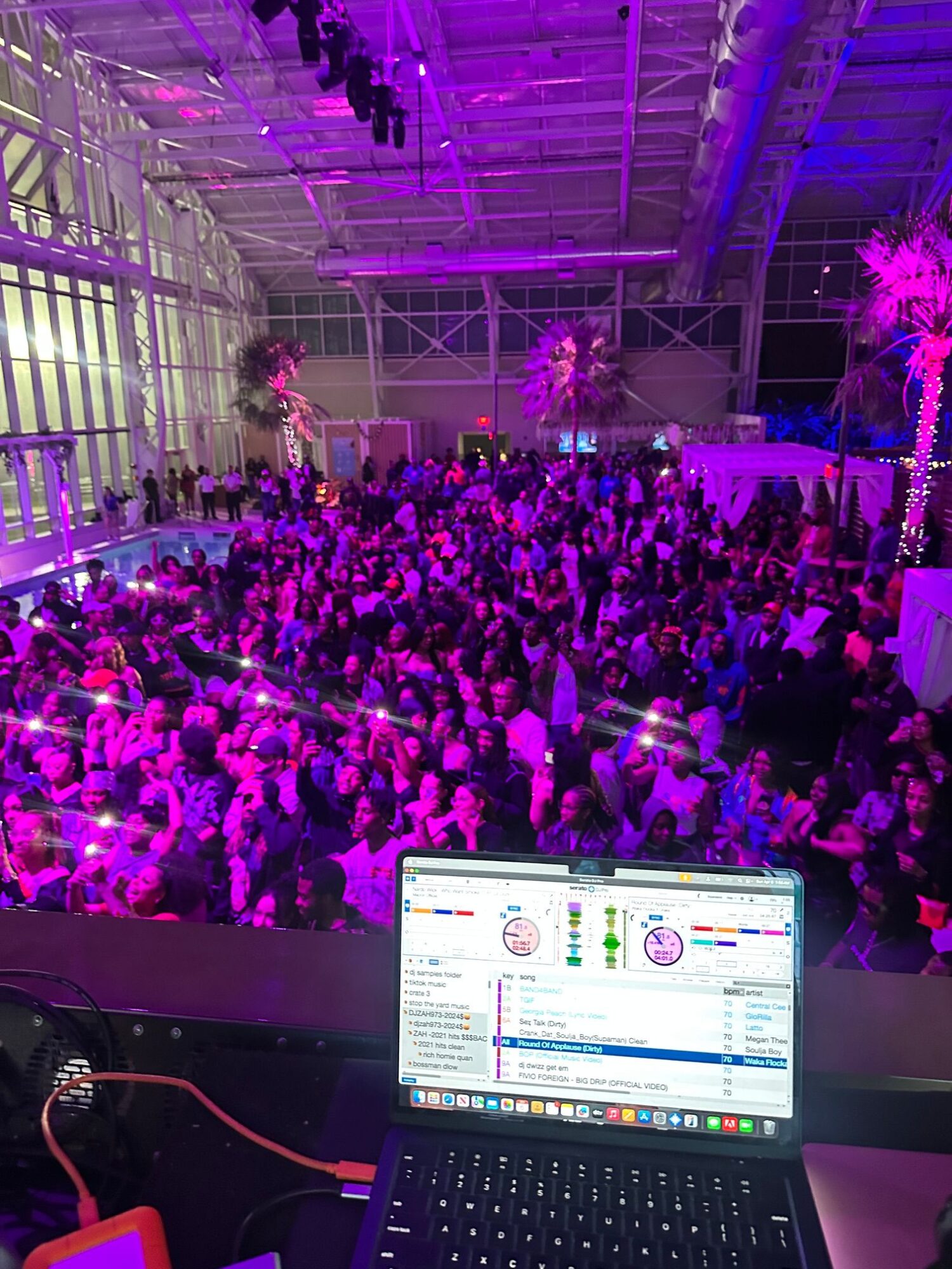 A computer monitor displaying social media content, with purple lighting illuminating plants and a glass structure in the background.