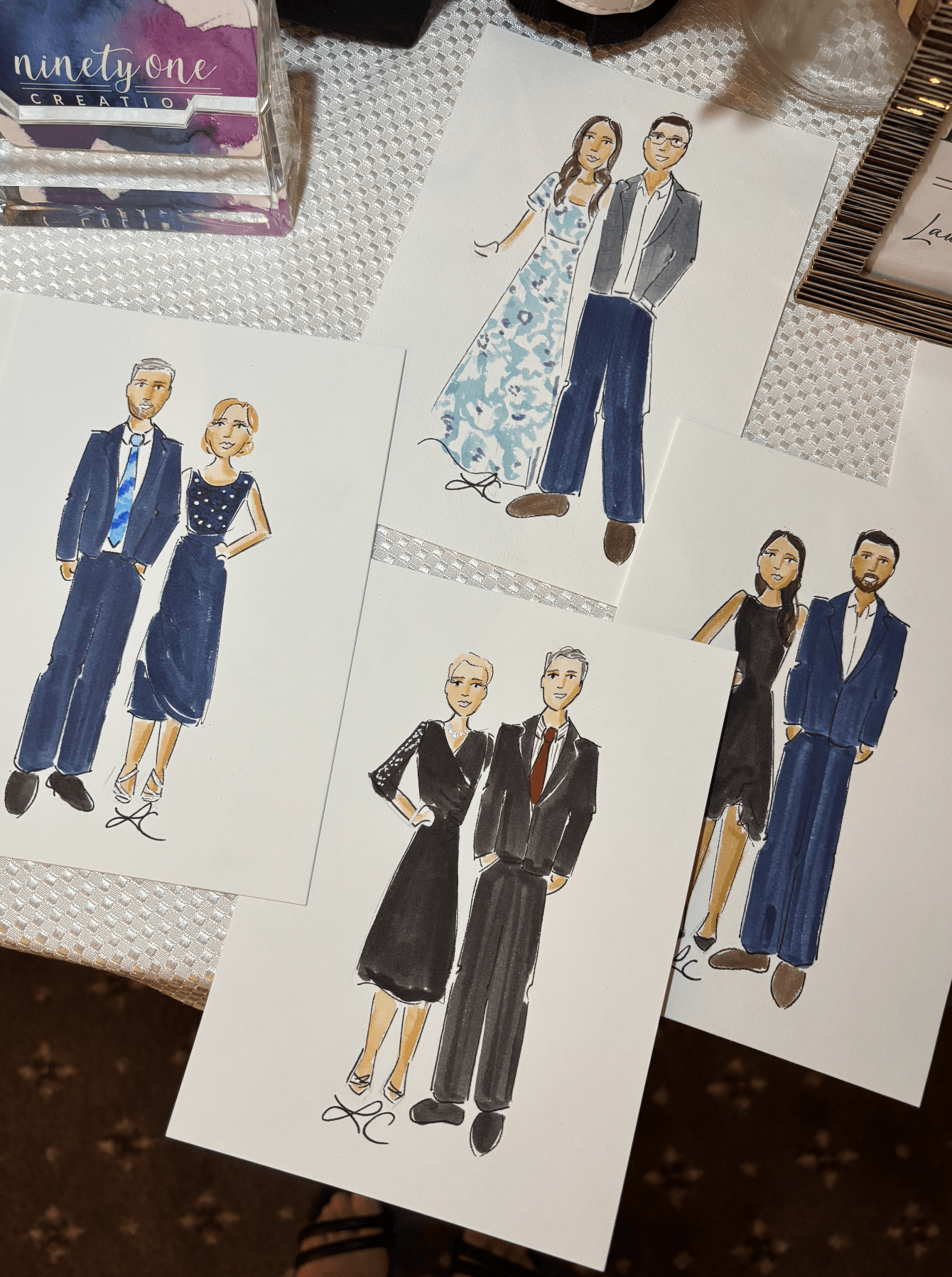 Four illustrated fashion sketches of people in formal attire, including dresses and suits, on white background.
