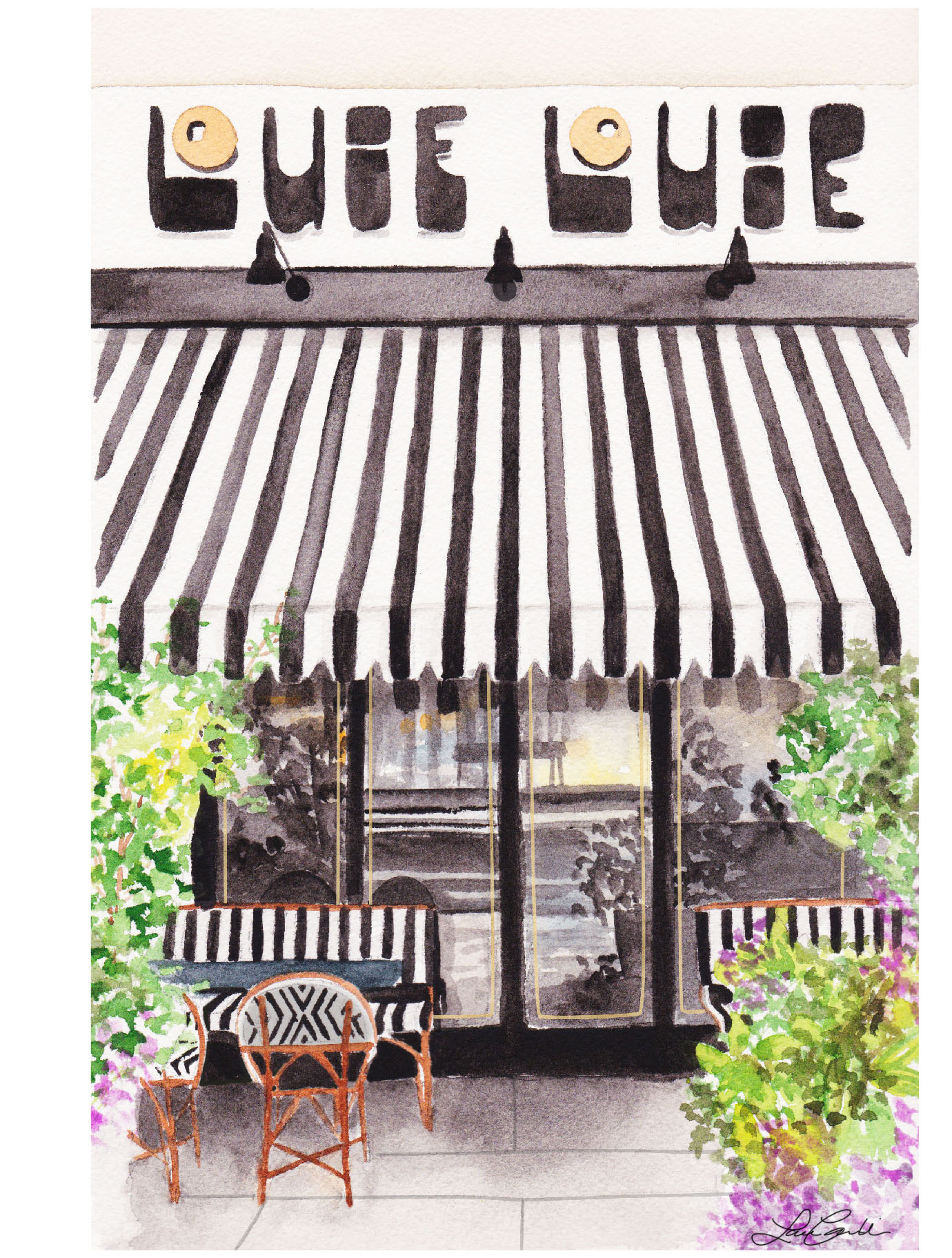 Storefront with striped awning, outdoor seating, and greenery, with