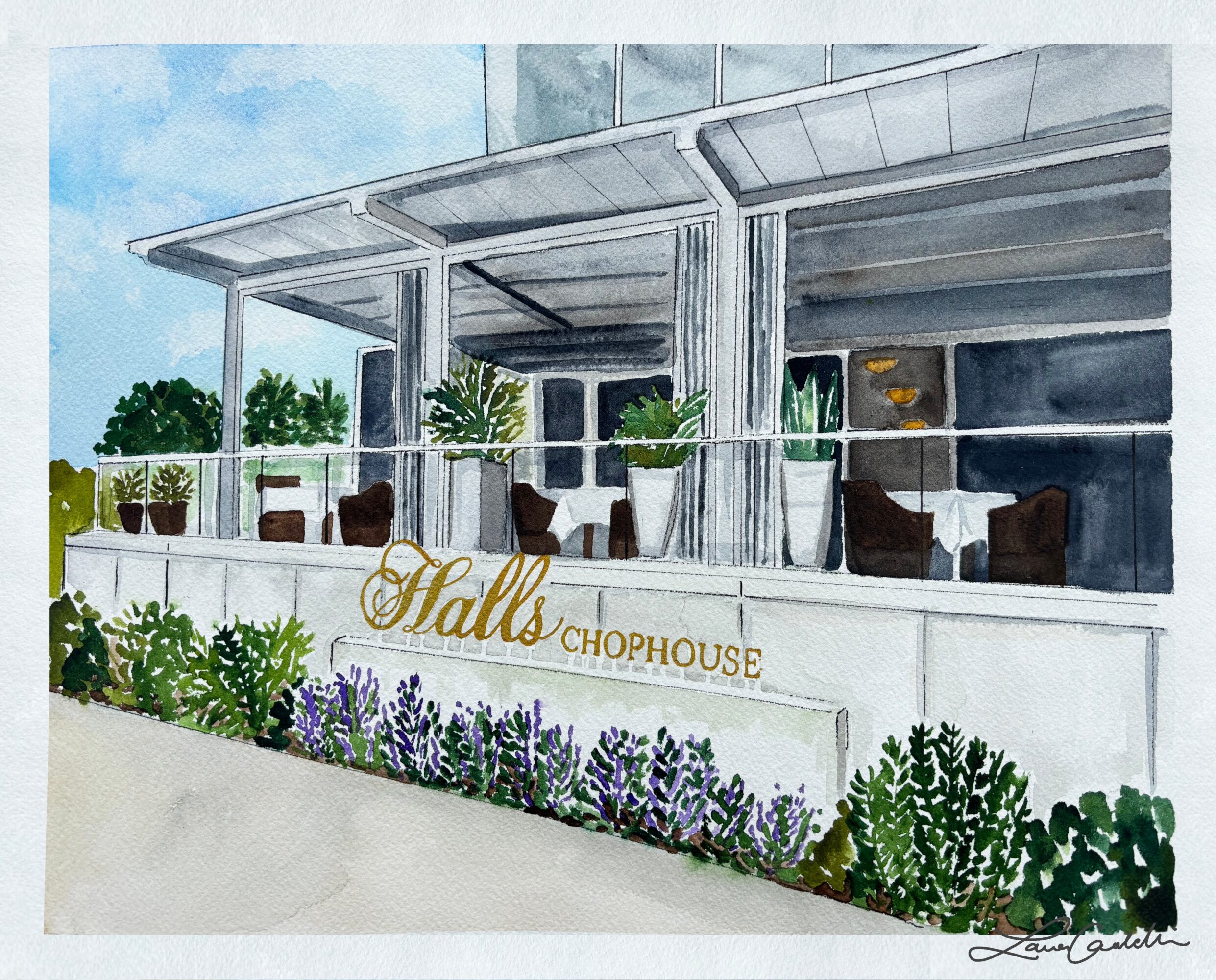 Watercolor of a building with outdoor seating, plants, and a sign reading 'Halls Chophouse,' with greenery and purple flowers in foreground.