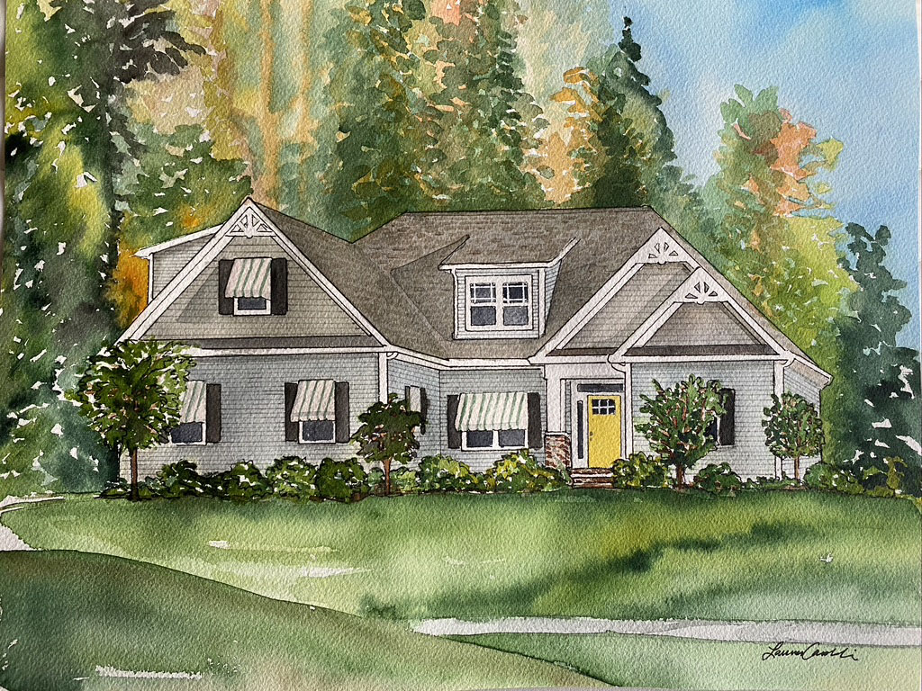 Watercolor painting of a large house with a gray roof, white walls, surrounded by trees and a green lawn.