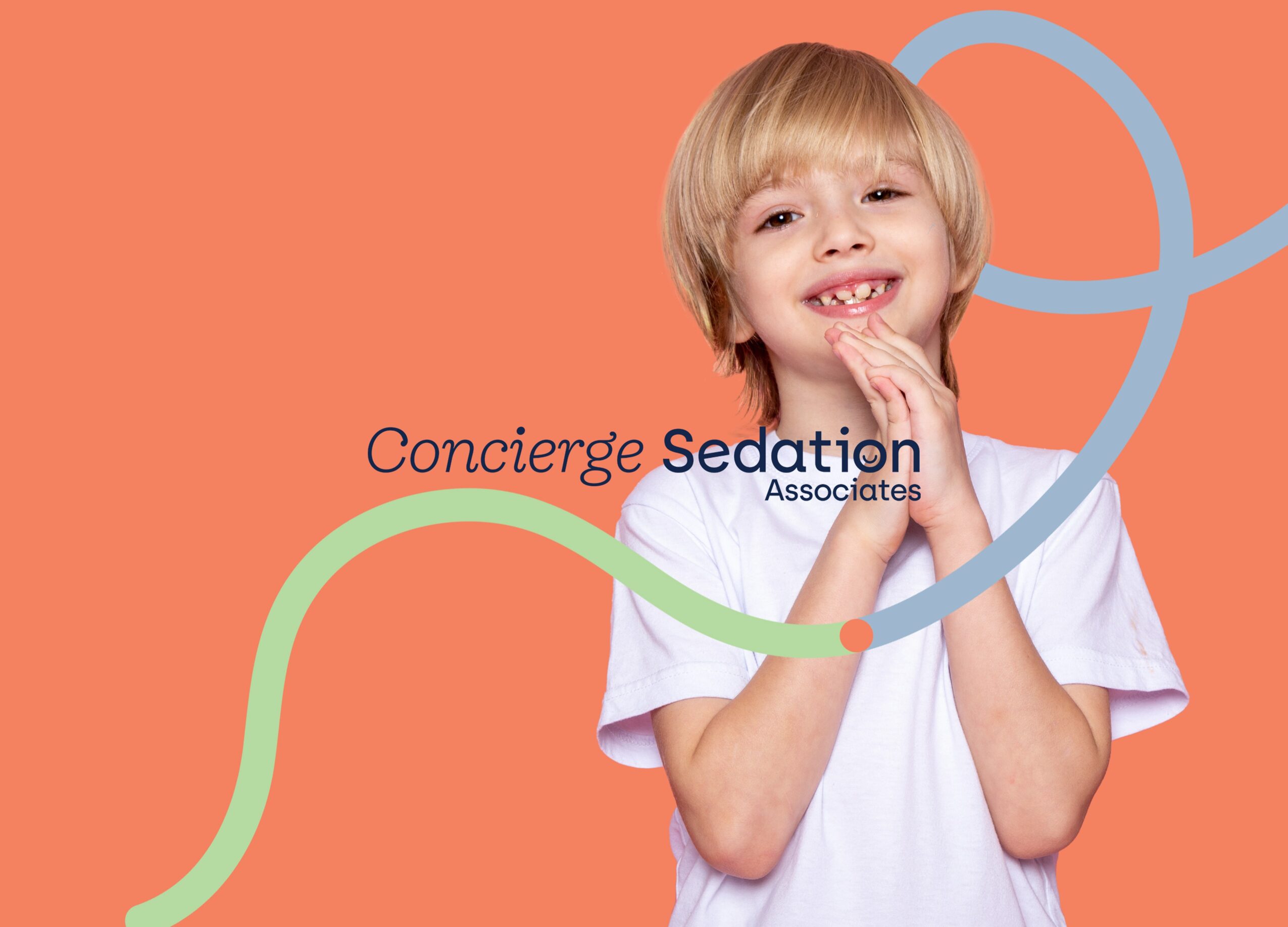 Smiling child with hands near face, orange background, colorful abstract lines, text reads 'Concierge Sedation Associates'.