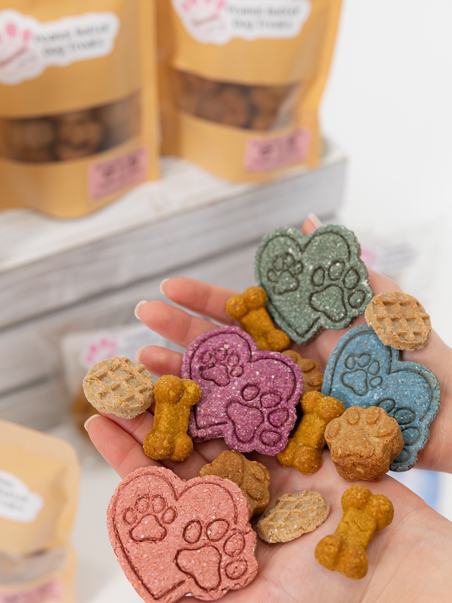 Person holding colorful dog treat cookies shaped like bones and paw prints, with packages in the background.