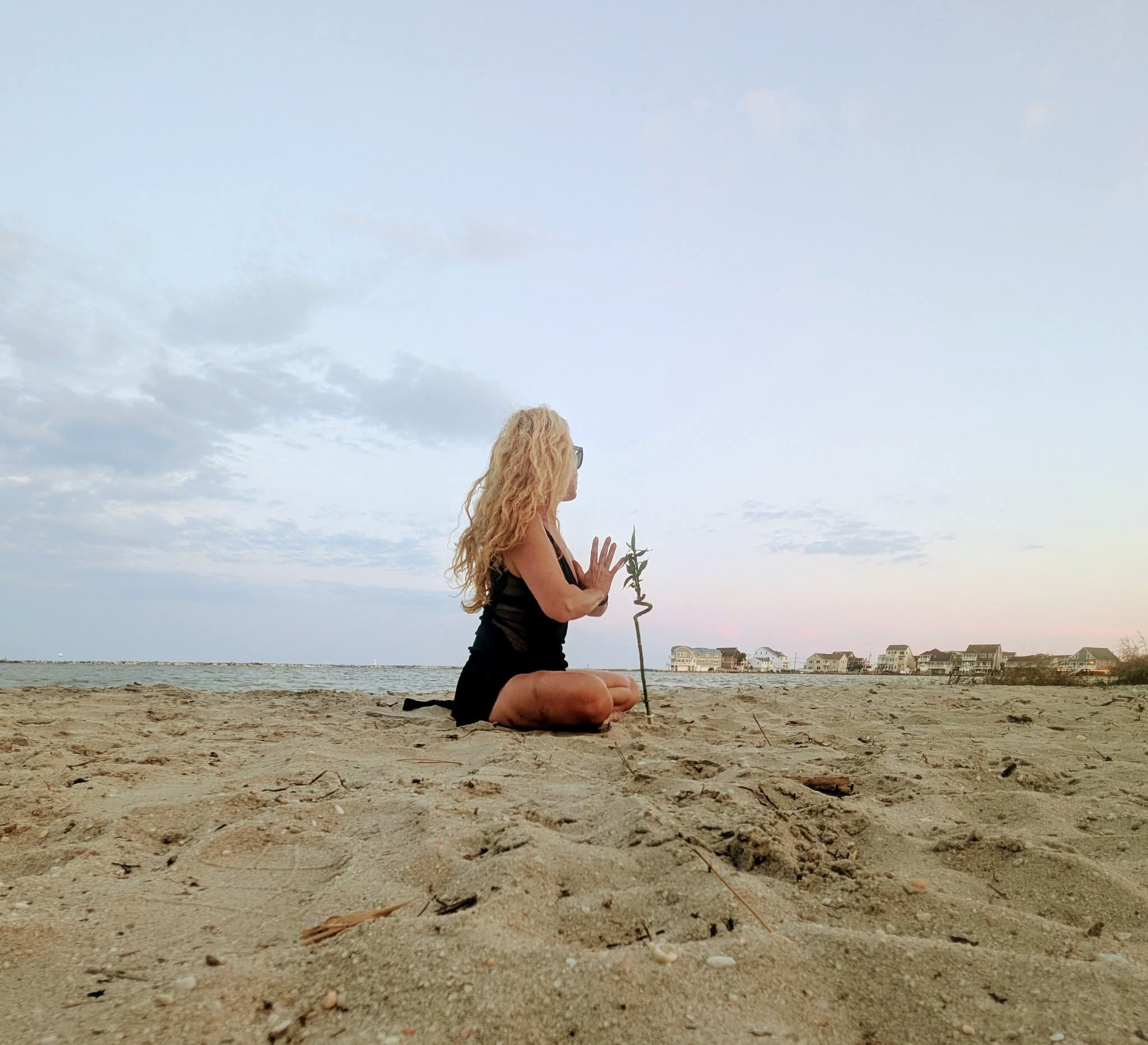A person sits on a sandy beach, holding a small plant beneath a cloudy sky.