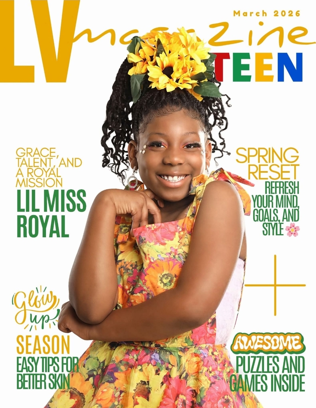 Magazine cover featuring a smiling child in a floral dress and yellow flower headpiece, surrounded by colorful headlines.