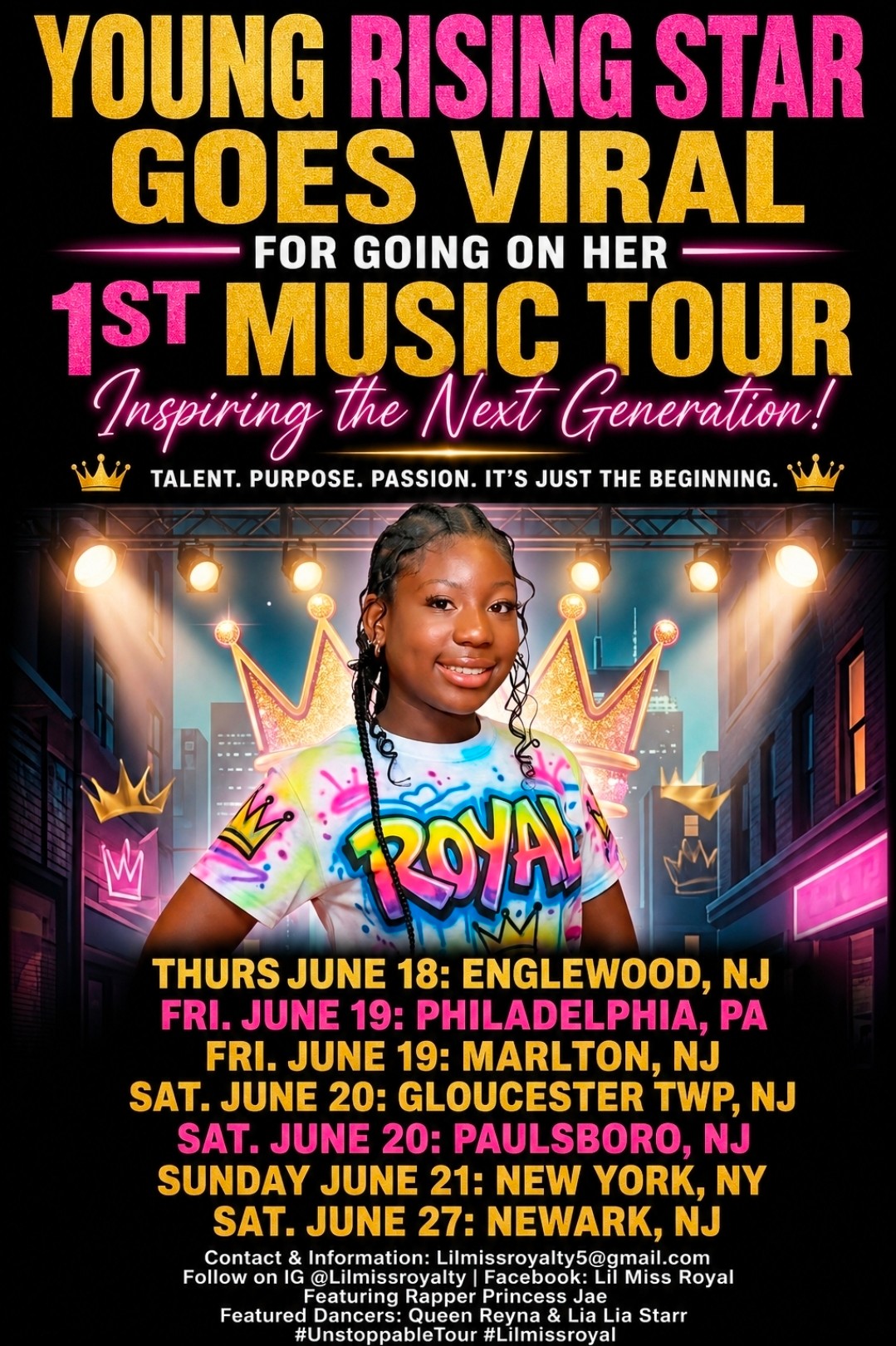 Promotional poster with a person in a colorful shirt, concert lights, and text advertising a music tour.