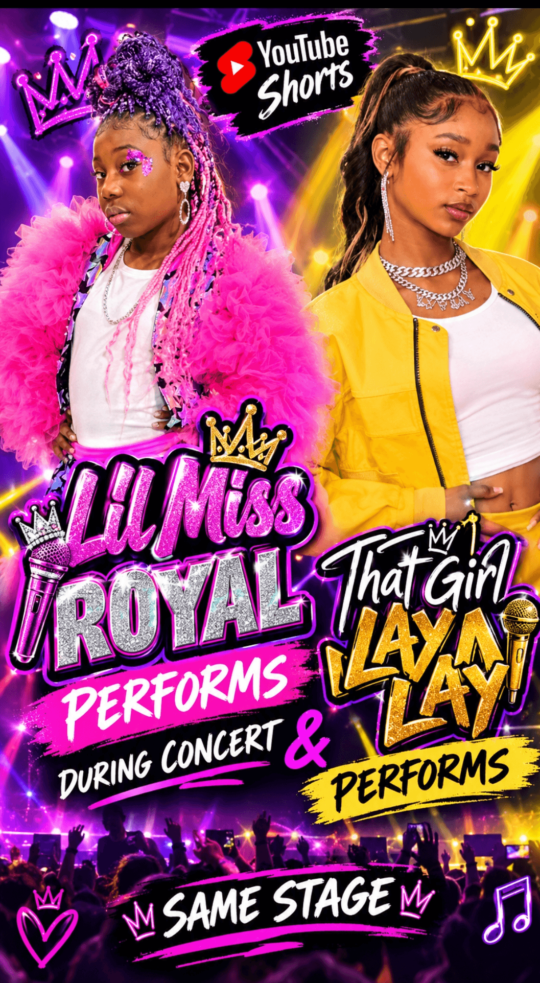 Concert poster featuring two performers, crowns, and colorful text advertising a shared stage performance.