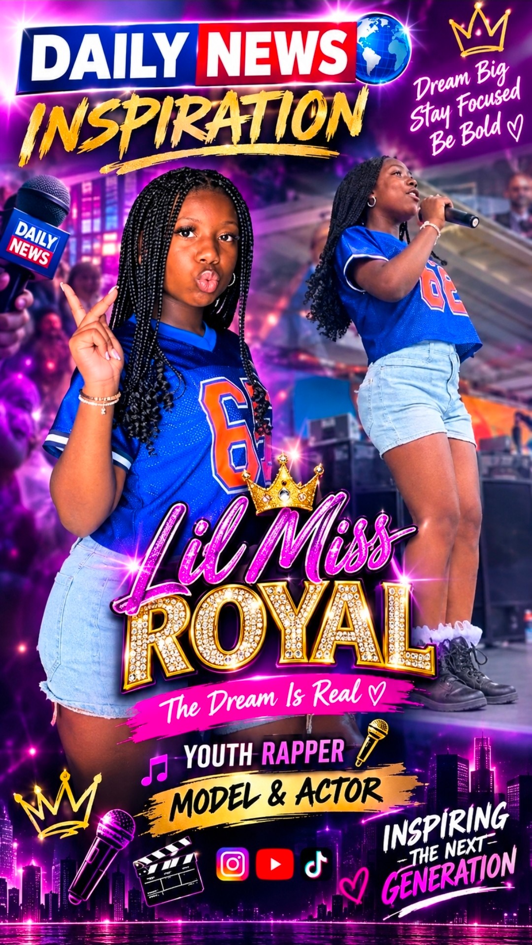 Promotional poster featuring a young performer holding a microphone, with colorful text and stage lighting.