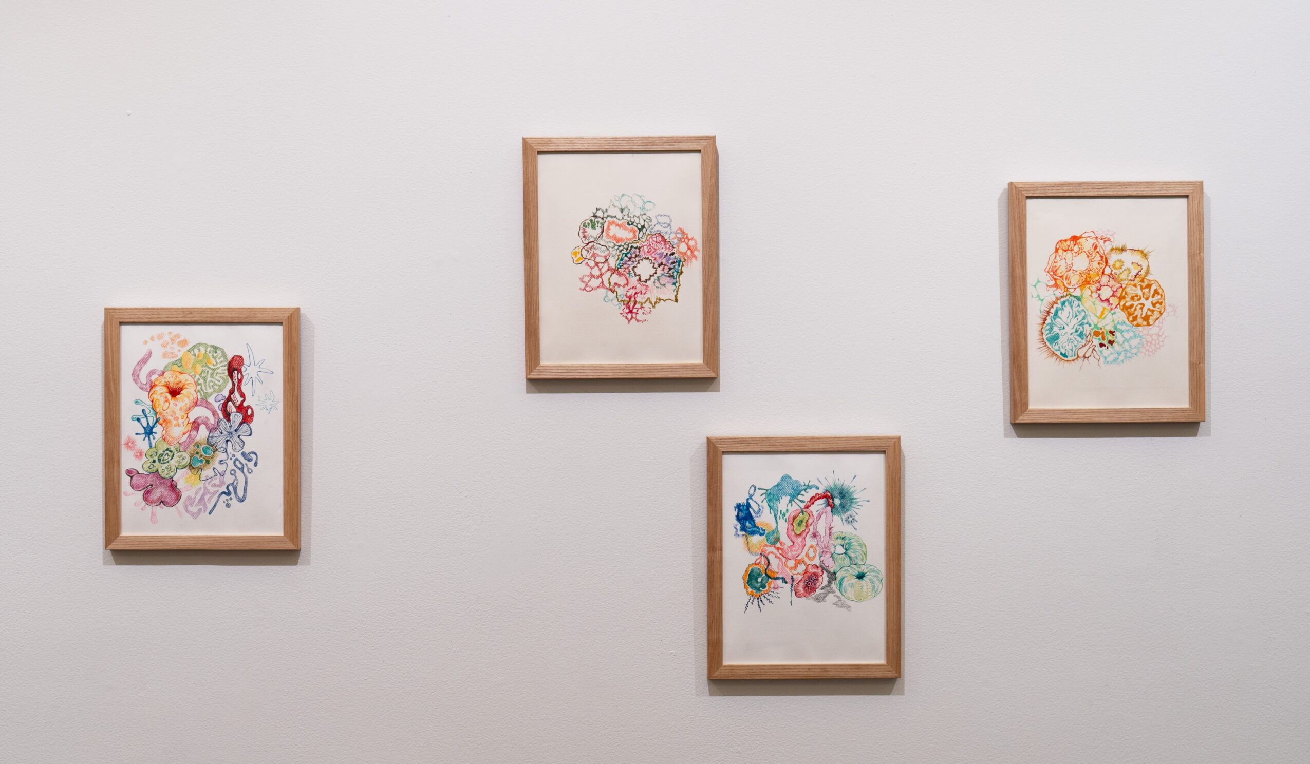 Four framed floral artworks hang on a pale wall.
