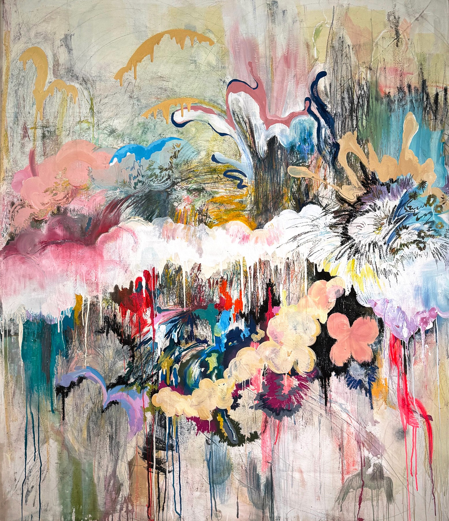 Abstract painting with layered colorful brushstrokes, floral forms, and paint drips.