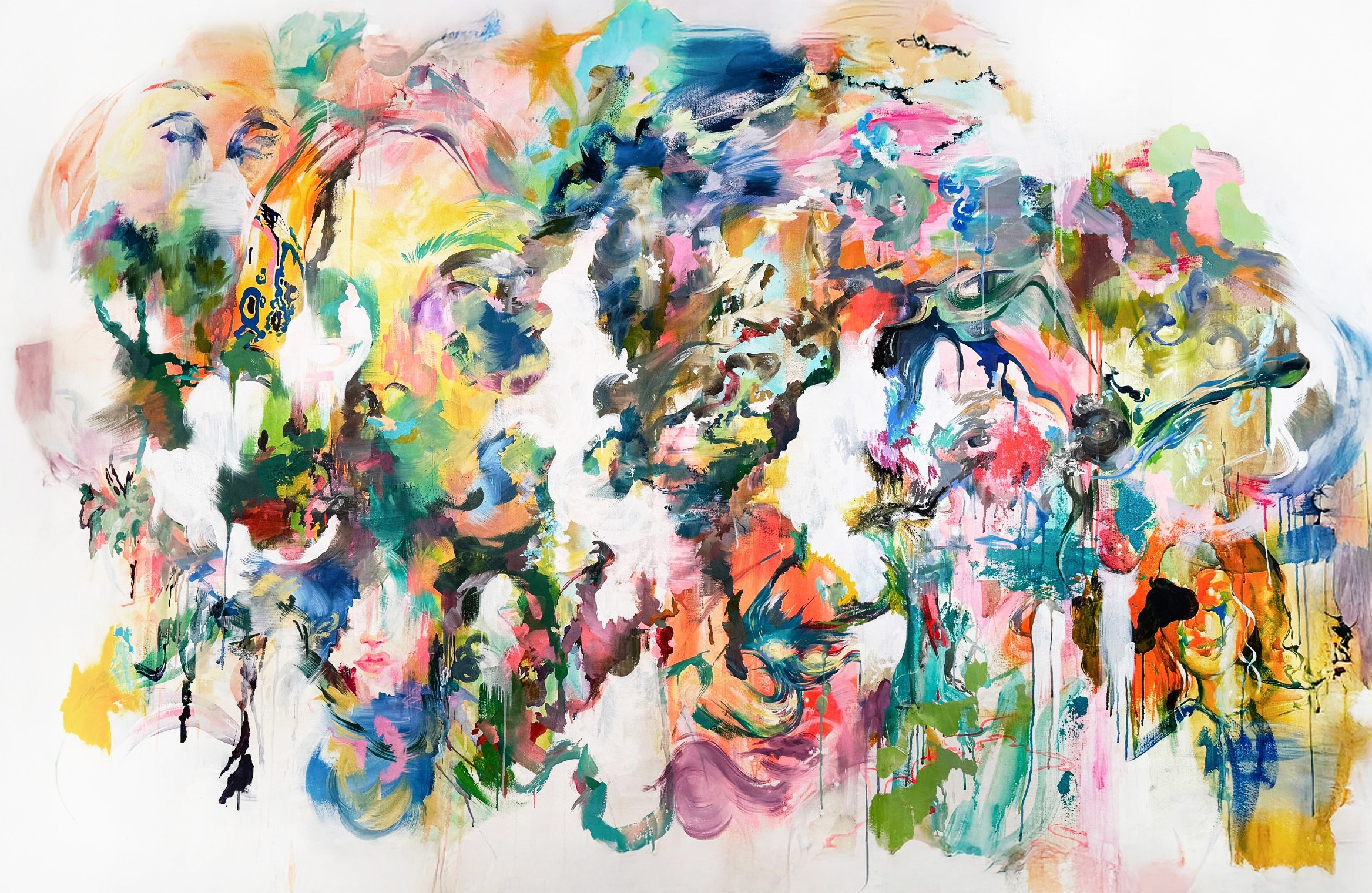 Colorful abstract painting with layered splashes, brushstrokes, and indistinct face-like forms.