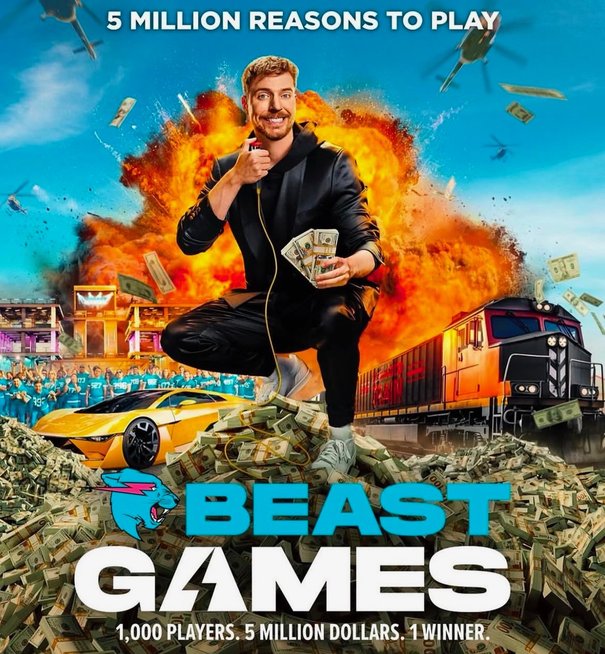 Promotional graphic shows a man holding cash amid an explosion, with a sports car, train, money, and bold gaming text.