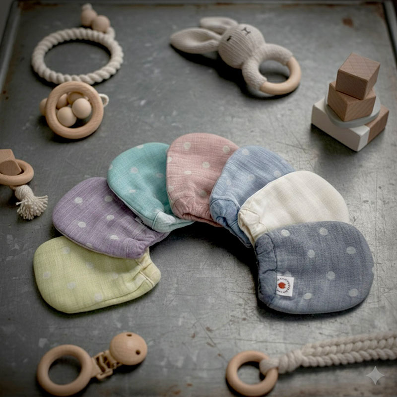 Soft fabric pads arranged in a curve on a gray surface, with wooden blocks and ring-shaped baby toys nearby.
