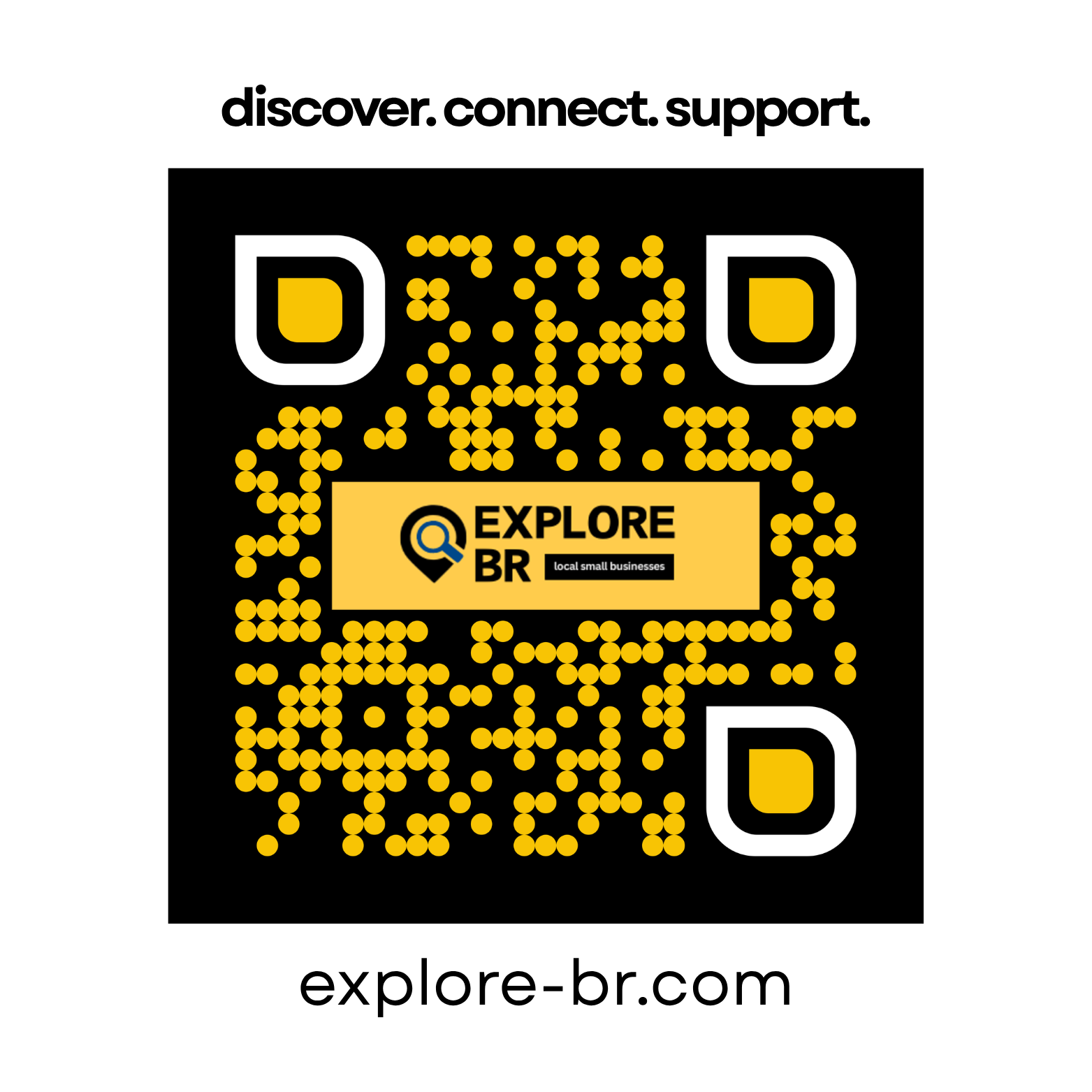 Yellow QR code with white corner markers and an “Explore BR” label on a black background.