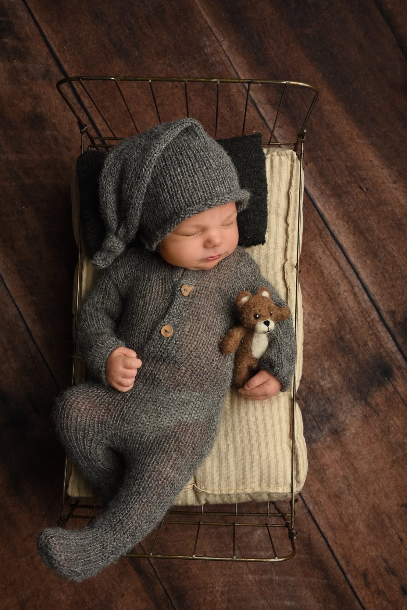 A baby in a gray knitted outfit and hat rests on a small padded basket, holding a stuffed animal.