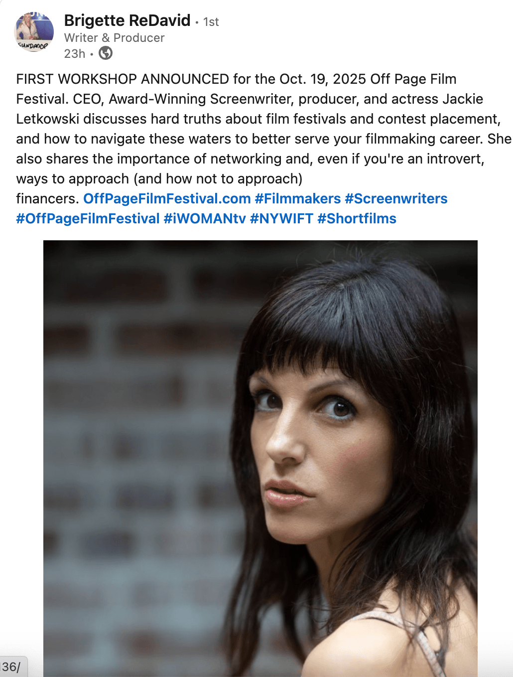 Social media post with text above a portrait of a dark-haired person against a brick wall.