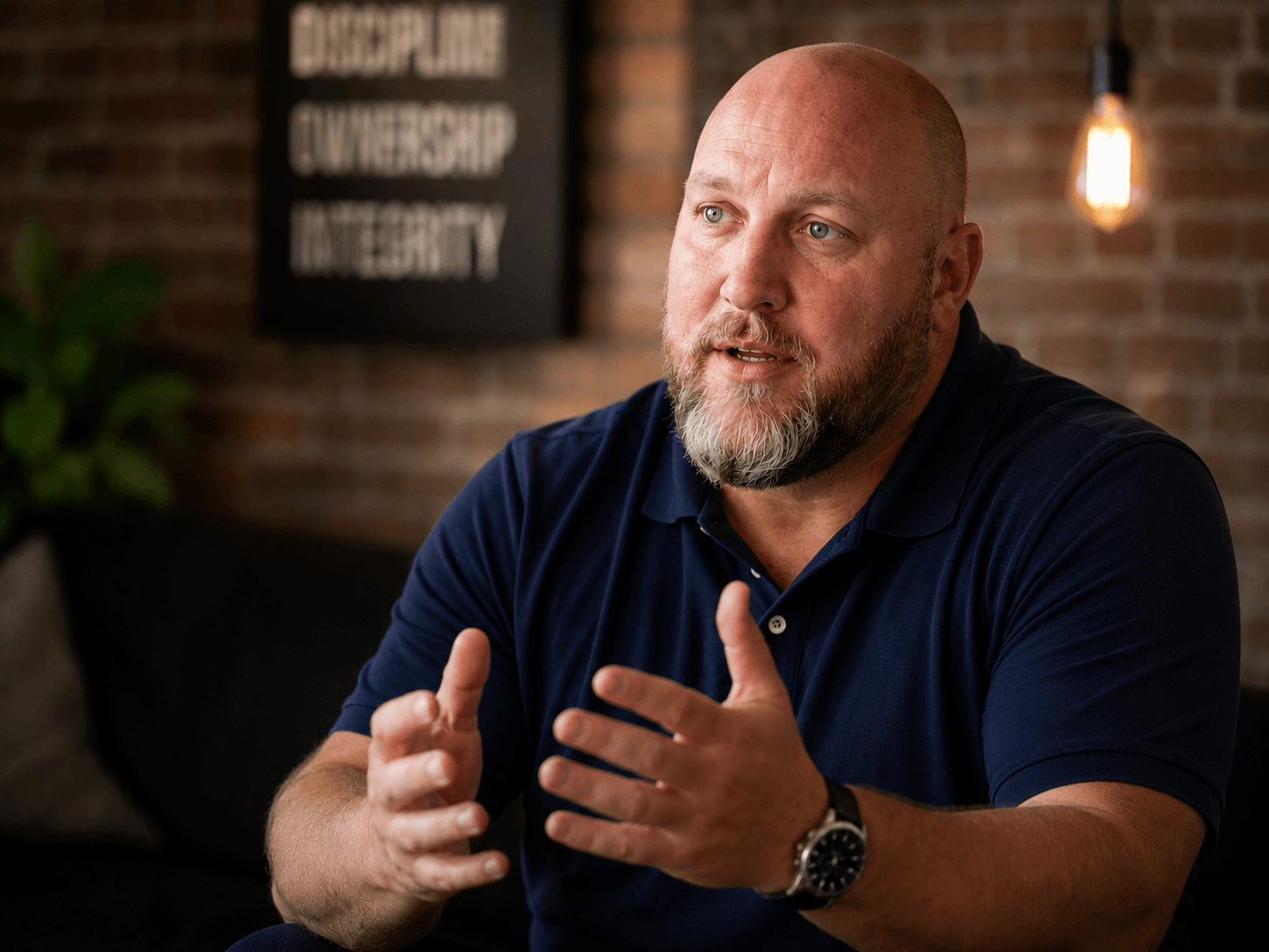 A seated bald man with a gray beard gestures while speaking in a brick-walled room.